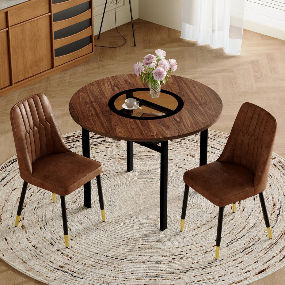 English Elm Table and Chair Set 42 Inch Round Wood Grain Top with Glass Inlay Modern Dining W1151S04491