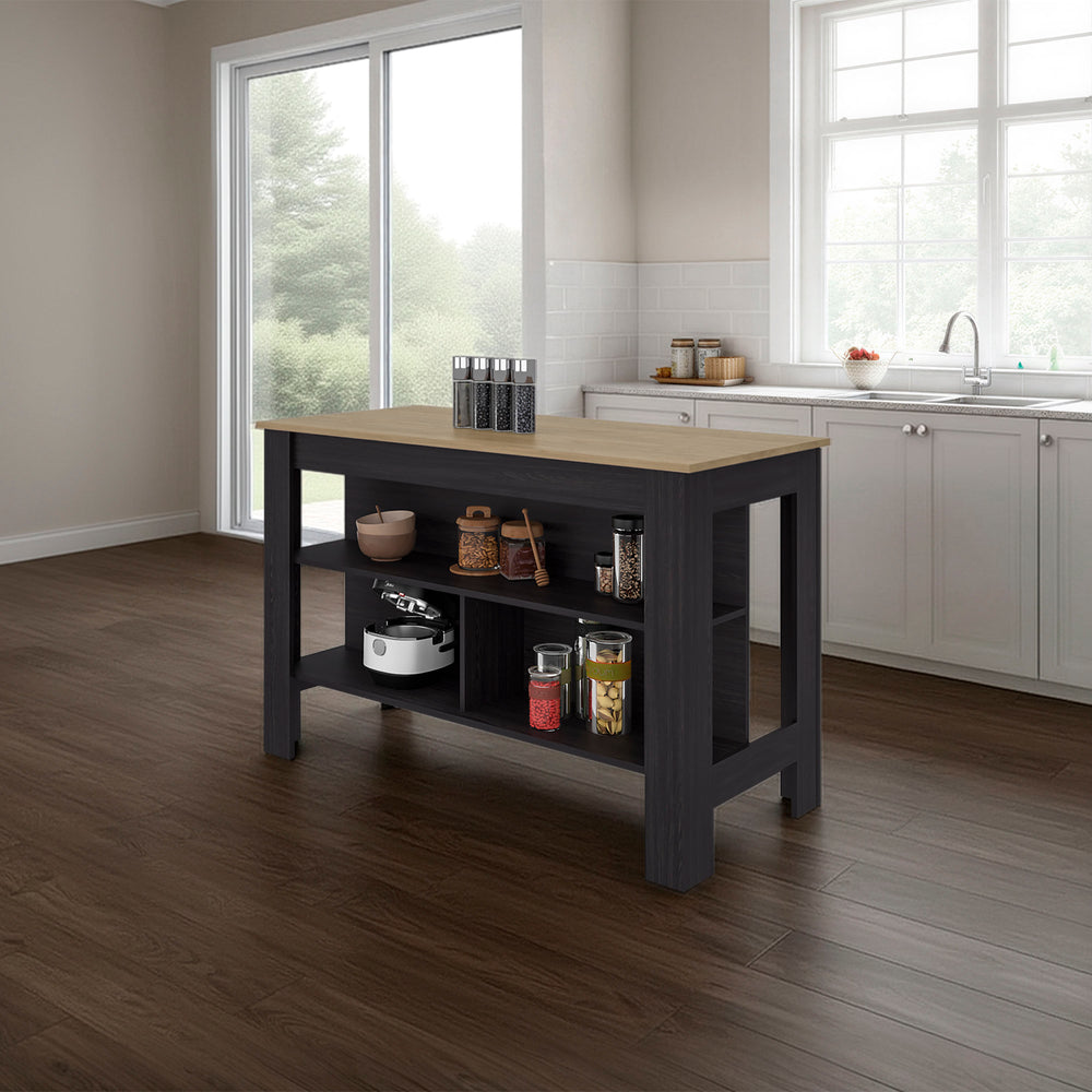 English Elm Ruso Modern Kitchen Island with Three Open Shelves in White and Natural Oak Finish B097P474318