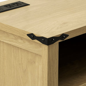English Elm U_style 59 Inch Sideboard Buffet with Built in Power Outlets Open Cubbies Metal Accents Natural Wood N711P347407O