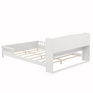 English Elm Full Pine Wood Bed with Bookcase Headboard and LED Motion Sensor Light, Guardrails & Storage Space White W504P277600