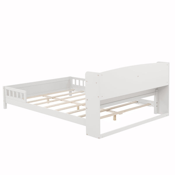 English Elm Full Pine Wood Bed with Bookcase Headboard and LED Motion Sensor Light, Guardrails & Storage Space White W504P277600