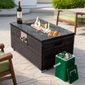 English Elm 32" Propane Fire Pit Table 50000 BTU Rectangular Ceramic Tile Top Wicker Base Pulse Ignition Outdoor W85335465