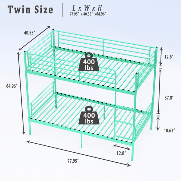 English Elm Bunk Bed Twin Over Iron Frame with Full Guardrail Ladder and Under Storage Green W3752P412410