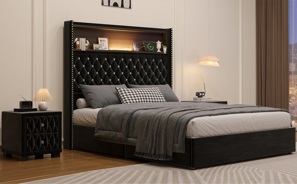 English Elm Full Velvet Wingback Platform Bed Tufted Headboard Shelf Usb Port Rivet Trim N733P368653B