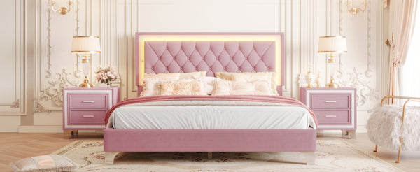English Elm 3-Pieces Tufted Upholstered Platform Bed with Romantic LED Headboard and Two Storage Nightstands Pink 63.98 L x 23.23 W x 5.91 H N733S183659H