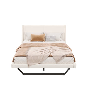 English Elm Queen Pu Leather Platform Bed Sculptural Wave Base Floating Silhouette Modern Bedroom White N761S0000031W