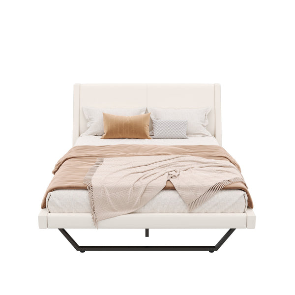 English Elm Queen Pu Leather Platform Bed Sculptural Wave Base Floating Silhouette Modern Bedroom White N761S0000031W