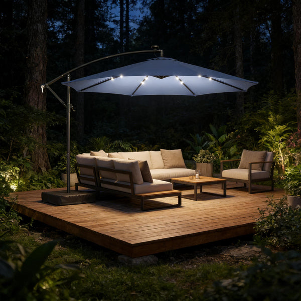 English Elm Garden Cantilever Patio Umbrella with Solar Led Lights and Upf30 Polyester Canopy Dark Blue T3971P481973