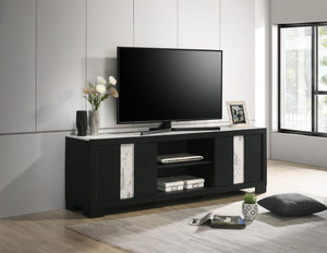 English Elm 1pc Modern Entertainment Console with Industrial Edge, Grey Wood Finish, Open Shelf & Two Drawers Black,White 19.69 L x 75 W x 26.38 H B2741P295470