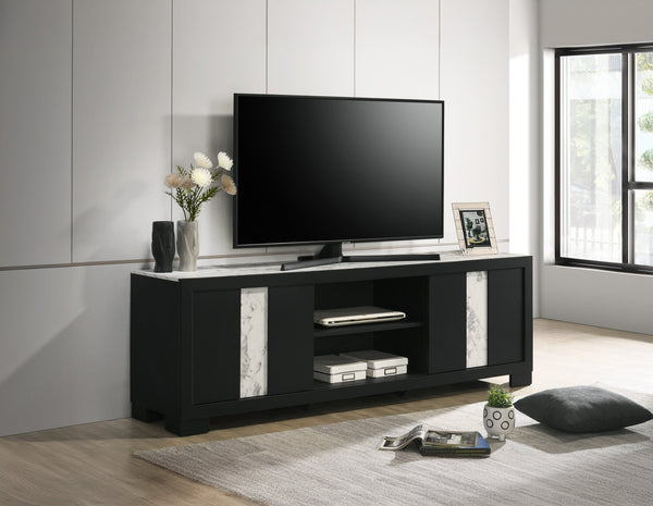 English Elm 1pc Modern Entertainment Console with Industrial Edge, Grey Wood Finish, Open Shelf & Two Drawers Black,White 19.69 L x 75 W x 26.38 H B2741P295470
