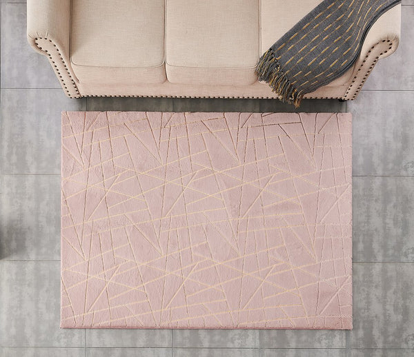 English Elm Luxury Dust Pink Geometric Faux Fur Area Rug With Gold Accents – Machine Washable & Plush Comfort B030P233699