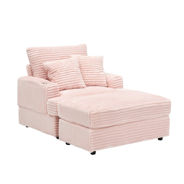 English Elm 39-inch Spring Corduroy Armchair and Ottoman Set with Cup Holder, Plush Sponge Cushions, 350lb Support Pink W1658S00047