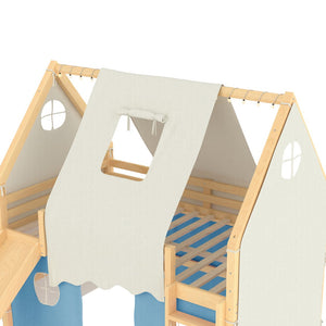 English Elm Full Size Pine Loft Bed with Slide Tent Panels Led Lights and Play Space Below W1580S00292