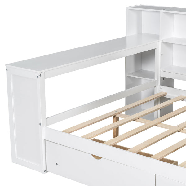 English Elm Wood Full Platform Bed with Led Headboard Built-in Desk Charging Station and Storage Shelves Beige+White N7090001047K-1