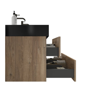 English Elm Grace 60" Bathroom Vanity Wall-Mounted Floating Mid-Century Modern Walnut Grille, Quiet Soft-Close Drawers and One-Piece White Basin (ECO) Black+Brown W1865S00168