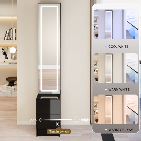 English Elm Length Floor Standing Vanity Mirror Cabinet with Led Lighting Jewelry Cosmetic Storage Black W3258P453346