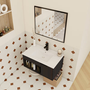 English Elm 30" Floating Bathroom Vanity Dark Oak Cabinet Ceramic Sink Open Shelf Soft Close W3450P435831