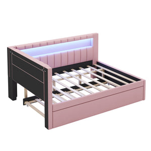 English Elm Upholstered Full Platform Bed with Trundle, Built-In USB Ports & LED Accent, Linen Upholstery Pink DL001925AAH