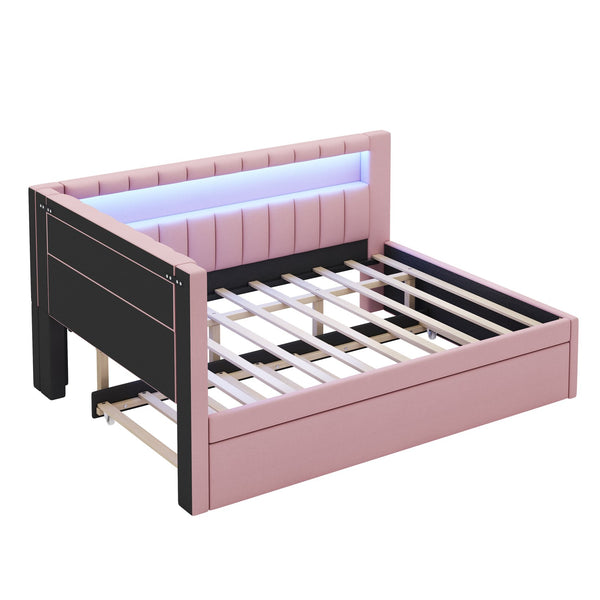 English Elm Upholstered Full Platform Bed with Trundle, Built-In USB Ports & LED Accent, Linen Upholstery Pink DL001925AAH