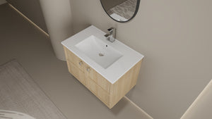English Elm 30" Oak Wall-Mounted Bathroom Vanity with Ceramic Sink, 2 Soft-Closing Doors, Plywood Build, Space-Saving Design W1972S00022