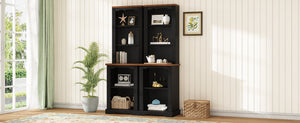 English Elm On-trend Two Piece Walnut Veneer Freestanding Bookcase Set with Curved Sculptural Black N721P394507B