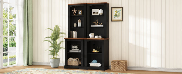 English Elm On-trend Two Piece Walnut Veneer Freestanding Bookcase Set with Curved Sculptural Black N721P394507B