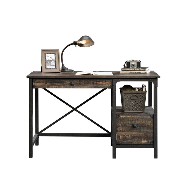 English Elm Desk, Engineered Wood Home Office Desk with Large Work Surface, Cubbyhole & Adjustable Shelf, Compact Durable Design, Easy Assembly, Qi-Ready Dark Oak B356P354481