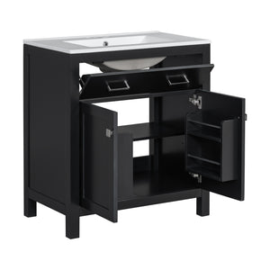 English Elm 30" Modern Bathroom Vanity with Ceramic Sink and Soft-Close Doors, Solid Wood MDF Build, Sleek Handles Black N729P263155B