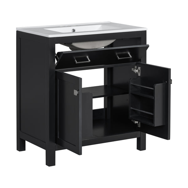 English Elm 30" Modern Bathroom Vanity with Ceramic Sink and Soft-Close Doors, Solid Wood MDF Build, Sleek Handles Black N729P263155B