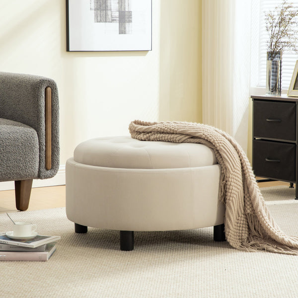 English Elm 29.33"w Fleece Tufted Round Storage Ottoman Reversible Lid Footstool for Living Room Beige W3189P422396