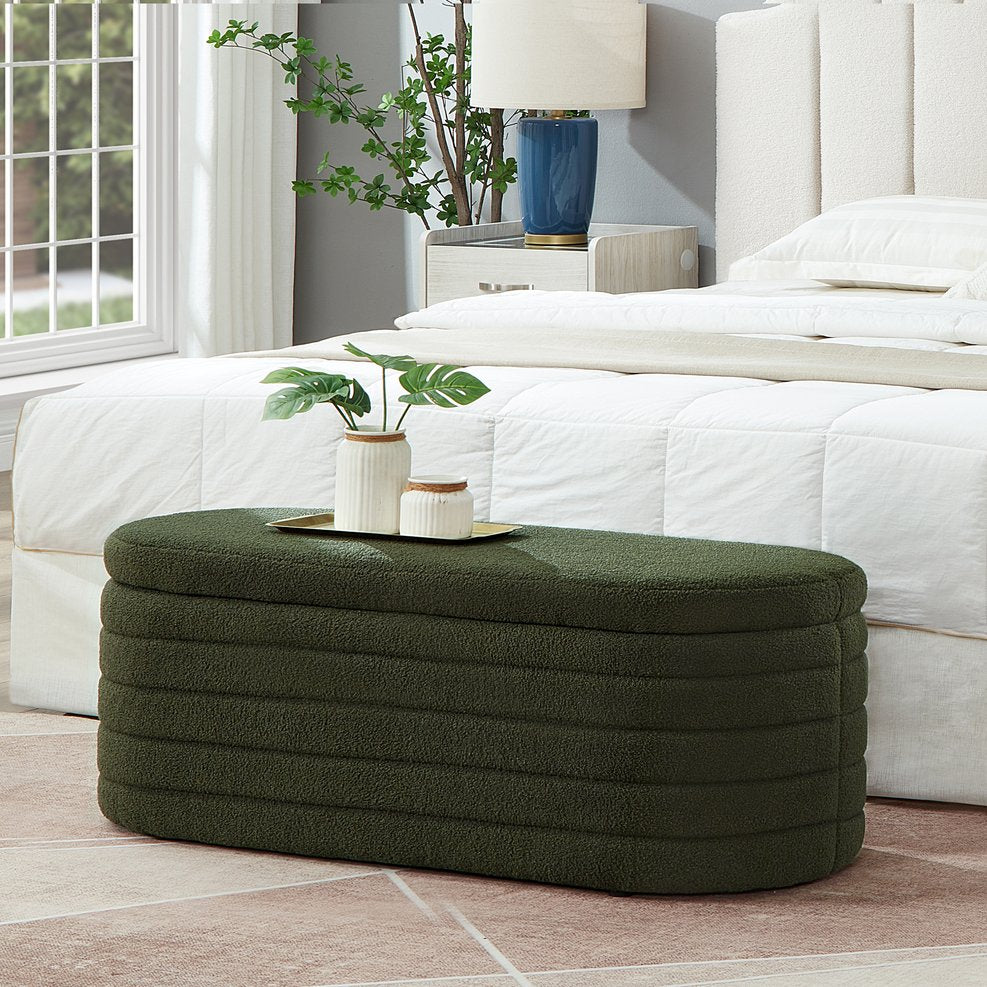 English Elm Modern Boucle Upholstered Oval Bench with Hinged Lid Storage for Bedroom Entryway Dark Green W2186P193118