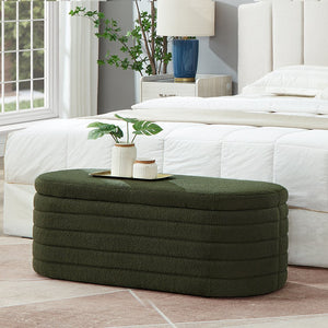 English Elm Modern Boucle Upholstered Oval Bench with Hinged Lid Storage for Bedroom Entryway Dark Green W2186P193118