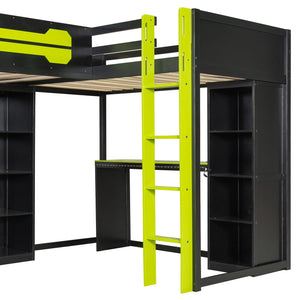 English Elm L-shaped Gaming Loft Bunk Bed Twin Wood Frame Rgb Lighting Usb Ports Storage Shelves Green LT000295AAG