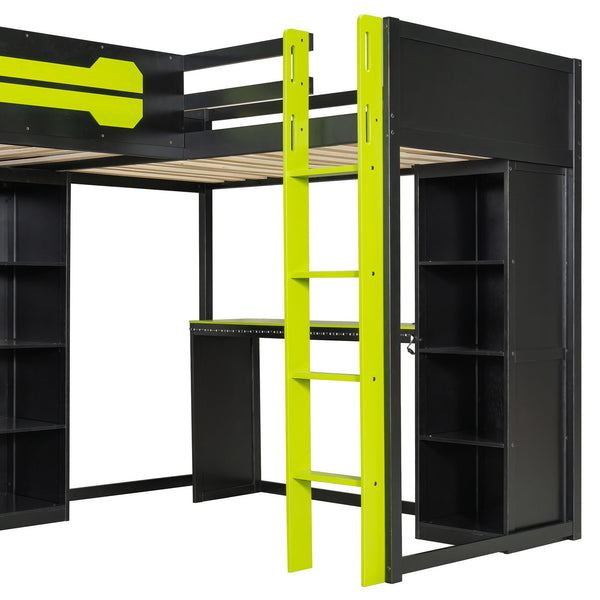 English Elm L-shaped Gaming Loft Bunk Bed Twin Wood Frame Rgb Lighting Usb Ports Storage Shelves Green LT000295AAG