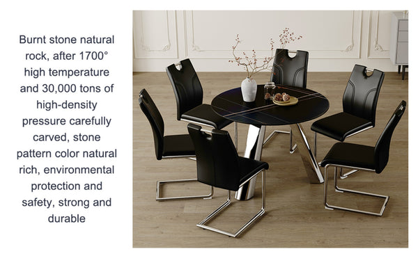 English Elm Table Set: Modern 7-Piece Dining Ensemble With 42-Inch Round Sintered Stone Top & 6 Ergonomic Chairs W2920S00018-GIGA