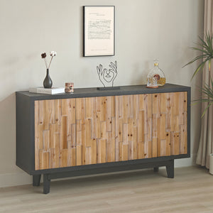 English Elm Modern Wooden 4-Door Storage Cabinet With Textured Geometric Design - Natural Wood Door