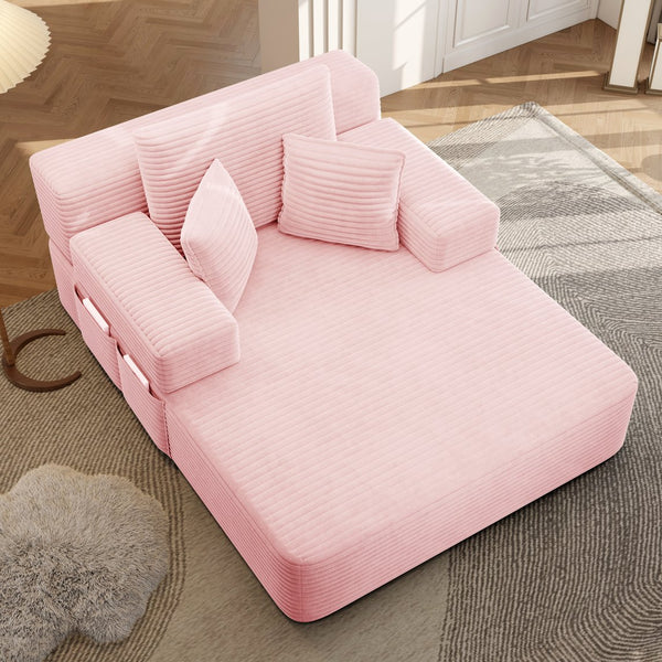 English Elm Luxurious Corduroy Frameless Chaise with Sleeper Conversion Foam Cushioning and Storage Pocket Baby Pink W3219P459763