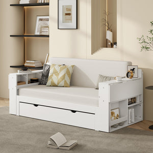 English Elm Full Size Daybed with Hydraulic Desk Armrests Storage Drawer and Sofa Seating White LT000271AAK
