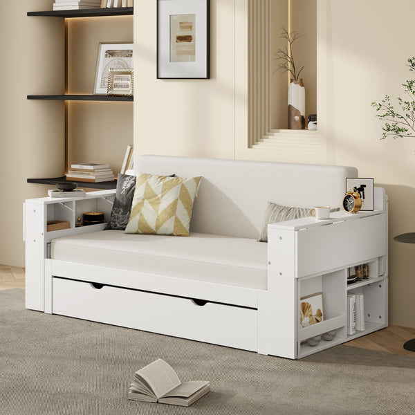 English Elm Full Size Daybed with Hydraulic Desk Armrests Storage Drawer and Sofa Seating White LT000271AAK
