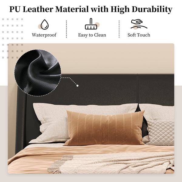 English Elm Queen Pu Leather Platform Bed Sculptural Wave Base Floating Silhouette Modern Bedroom Black N761S0000032B