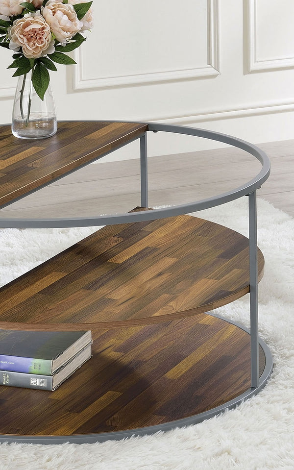 English Elm Industrial Orrin Coffee Table 35.4" Dia x 18" H — Industrial Half-Shelf Design, Gray Walnut Veneer, Powder-Coated Frame, Modern Display-Friendly Style B2741P359589