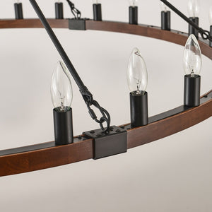 English Elm 53.15 Inch Wagon Wheel Chandelier Wood Matte Black 30 Light Seeded Glass Farmhouse W5008P464800