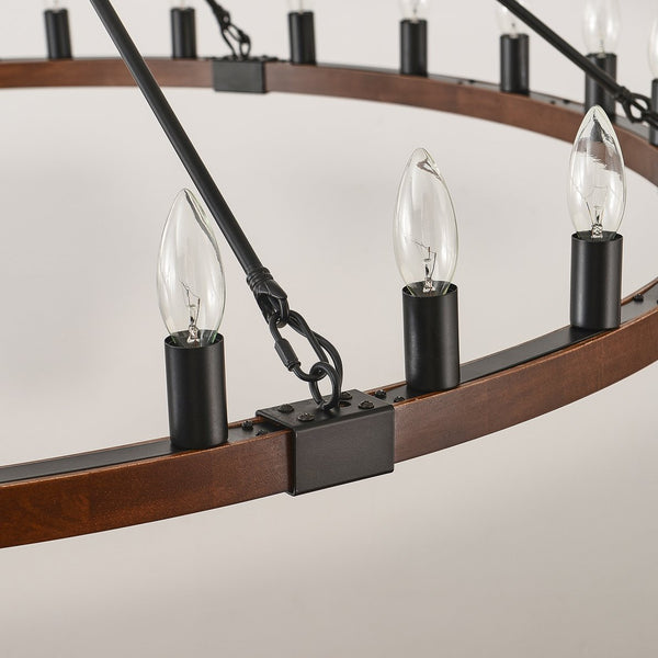 English Elm 53.15 Inch Wagon Wheel Chandelier Wood Matte Black 30 Light Seeded Glass Farmhouse W5008P464800
