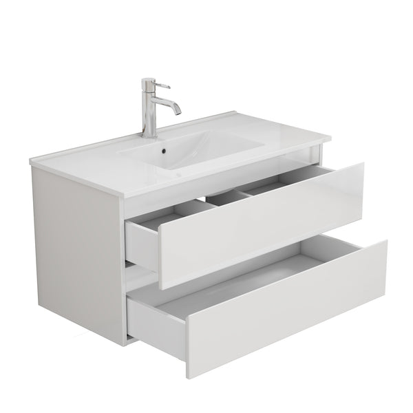 English Elm 36-inch Glossy White Bathroom Vanity with Ceramic Sink Soft Close Drawers Minimalist W3151S00065