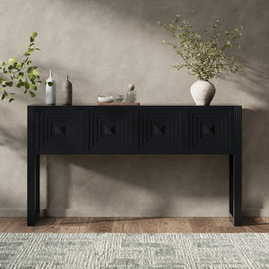English Elm [video] Art Deco Console Table Geometric Carved Fronts Fluted Legs 3 Soft-close Drawers Black N759P433572B