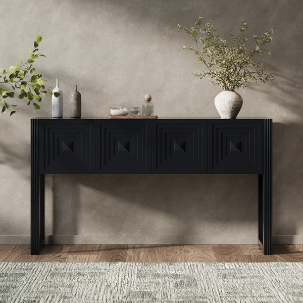 English Elm [video] Art Deco Console Table Geometric Carved Fronts Fluted Legs 3 Soft-close Drawers Black N759P433572B