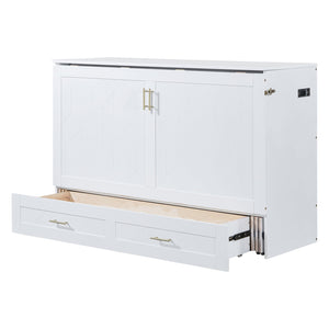 English Elm Queen Murphy Wall Bed Cabinet with Storage Drawer Built-in Power Outlets Usb Ports White LP000400AAK