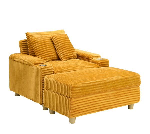 English Elm Orange Corduroy Single Sofa with Ottoman Storage, Built-In Armrest Compartments, Removable Pillow Covers W1658S00140