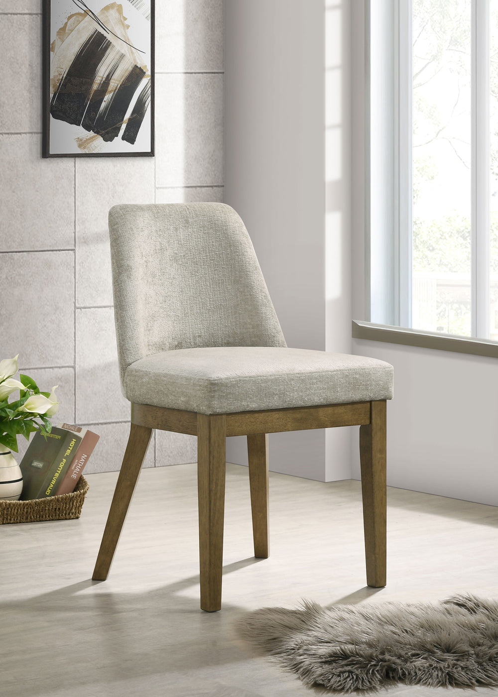 English Elm Set of 2 Tan Upholstered Dining Chairs with Rubberwood Tapered Legs Mid-century Style B016P445356