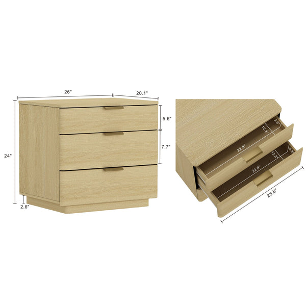 English Elm Payton 26" Nightstand Natural Oak with 3 Drawers, Rounded Corners, Metal Glam Handles, Pedestal Base B365P398195